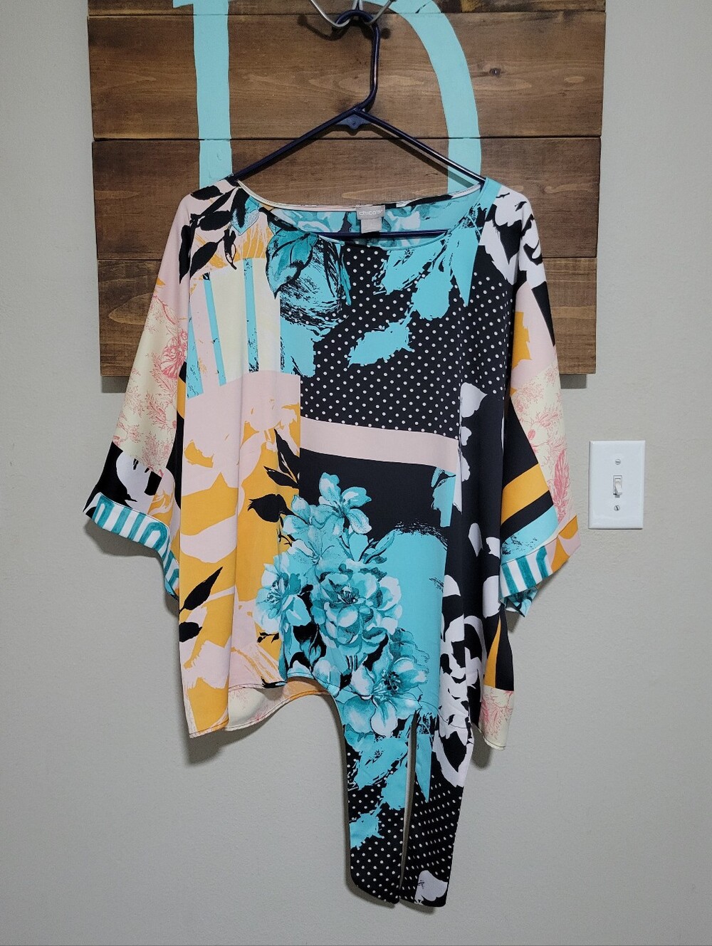 Chico's Teal Yellow Black Patchwork Kimono Sleeves Floral Tie Waist Top 12/14